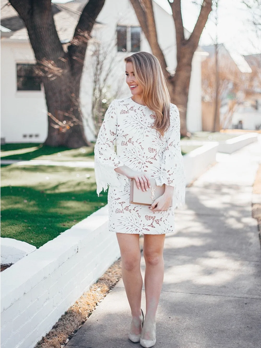 Dress the Population White Floral Cutout Bell Sleeve Mini Dress Cocktail Bridal